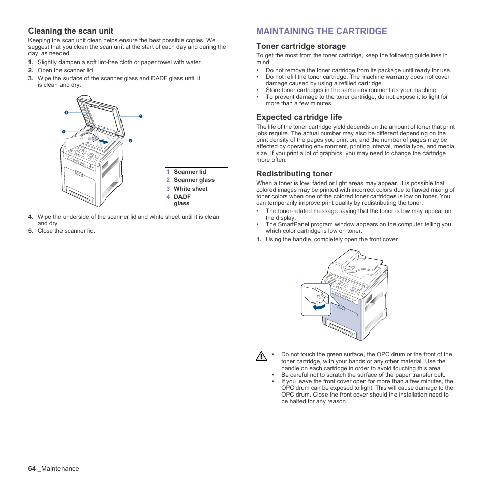 Cleaning the scan unit, Maintaining the cartridge, Toner cartridge storage | Expected cartridge life, Redistributing toner, 64 maintaining the cartridge | Muratec Multi Functional Printer MFX-C2500 User Manual | Page 64 / 160