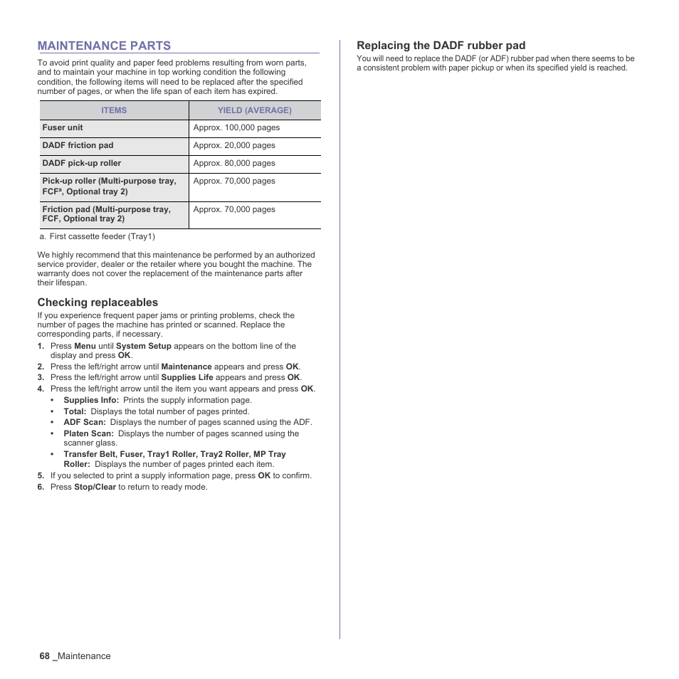 Maintenance parts, Checking replaceables, Replacing the dadf (or adf) rubber pad | 68 maintenance parts, Replacing the dadf rubber pad | Muratec Multi Functional Printer MFX-C2500 User Manual | Page 68 / 160