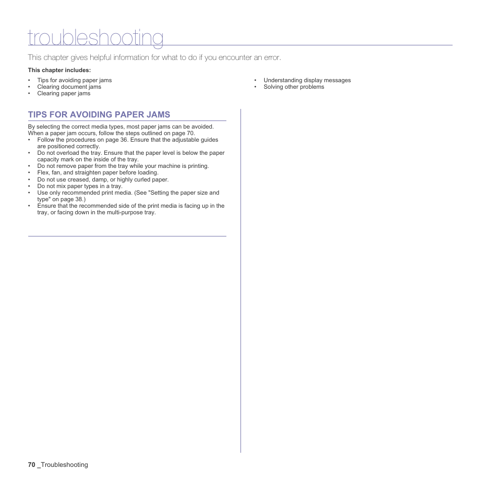 Troubleshooting, Tips for avoiding paper jams, Clearing document jams | Input misfeed | Muratec Multi Functional Printer MFX-C2500 User Manual | Page 70 / 160