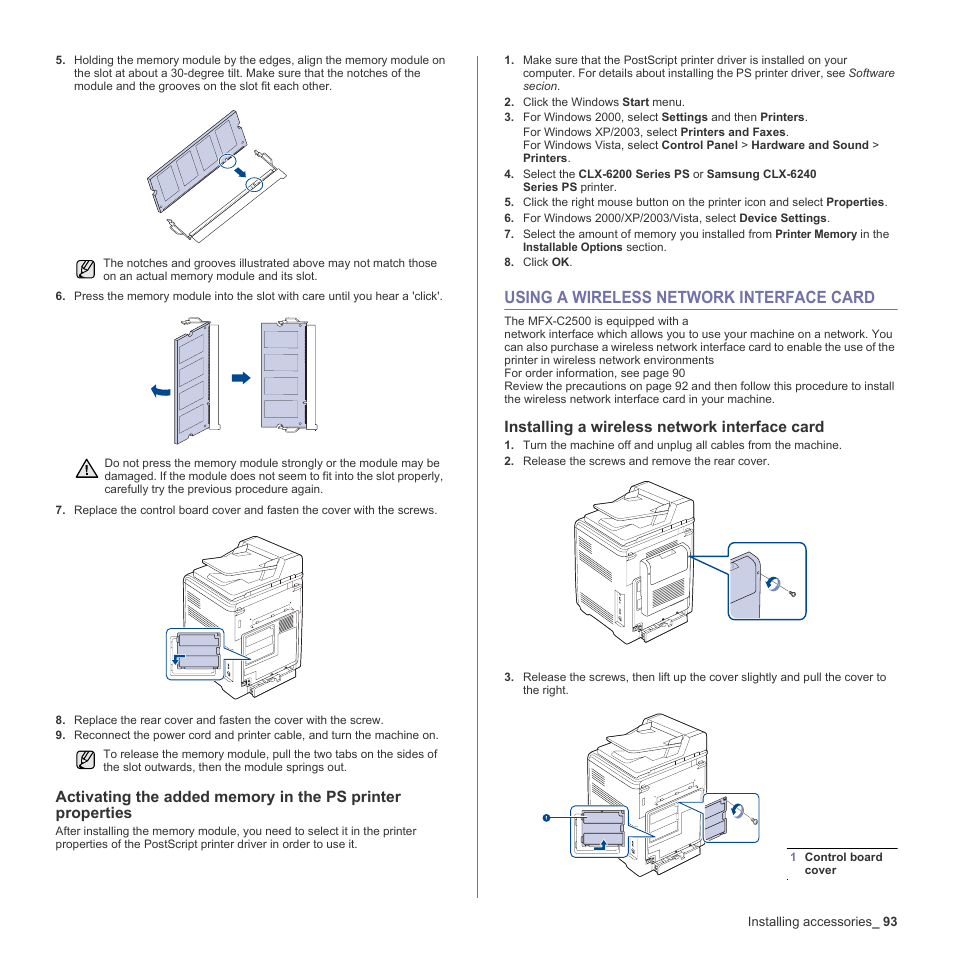 Using a wireless network interface card, Installing a wireless network interface card, 93 using a wireless network interface card | Muratec Multi Functional Printer MFX-C2500 User Manual | Page 93 / 160