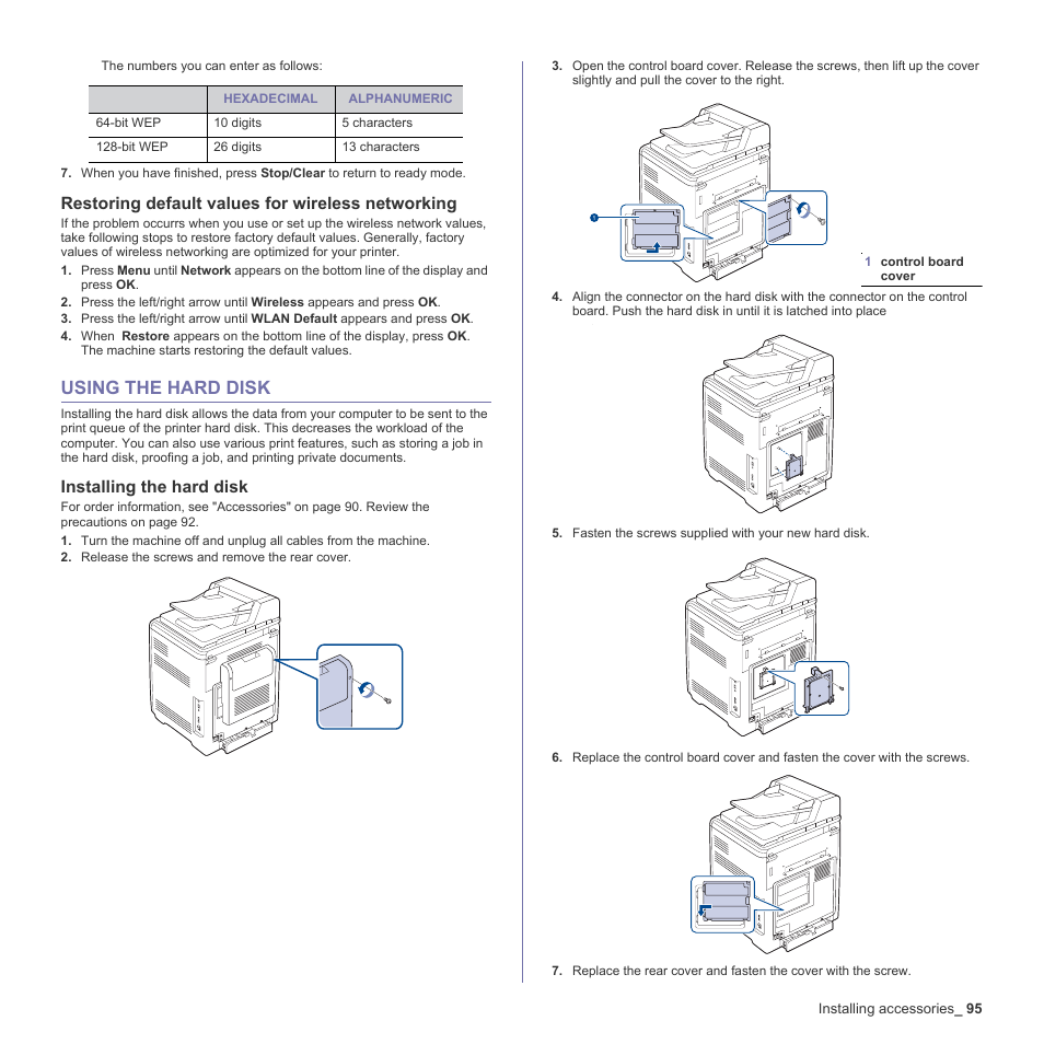 Restoring default values for wireless networking, Using the hard disk, Installing the hard disk | 95 using the hard disk | Muratec Multi Functional Printer MFX-C2500 User Manual | Page 95 / 160