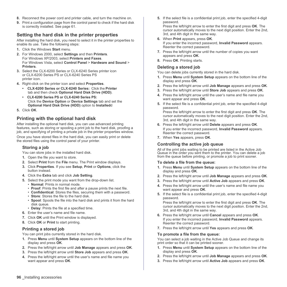 Setting the hard disk in the printer properties, Printing with the optional hard disk | Muratec Multi Functional Printer MFX-C2500 User Manual | Page 96 / 160