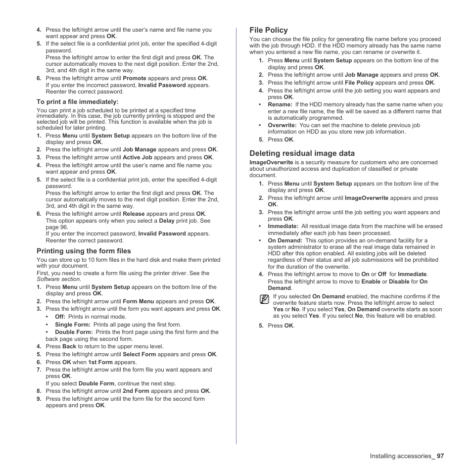 File policy, Deleting residual image data | Muratec Multi Functional Printer MFX-C2500 User Manual | Page 97 / 160