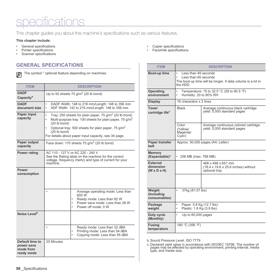 Specifications, General specifications, 98 general specifications | Muratec Multi Functional Printer MFX-C2500 User Manual | Page 98 / 160