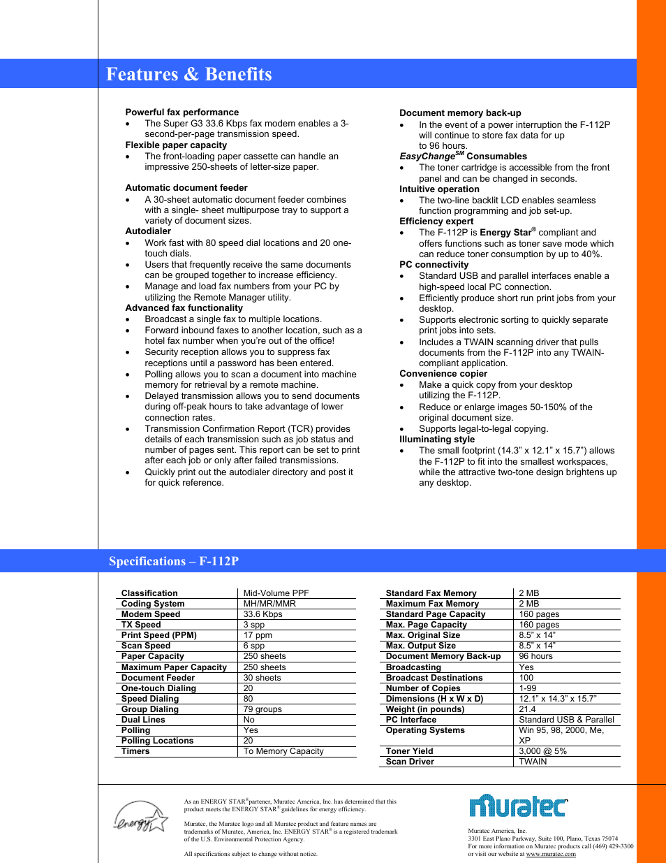 Features & benefits, Specifications – f-112p | Muratec F-112P User Manual | Page 2 / 2