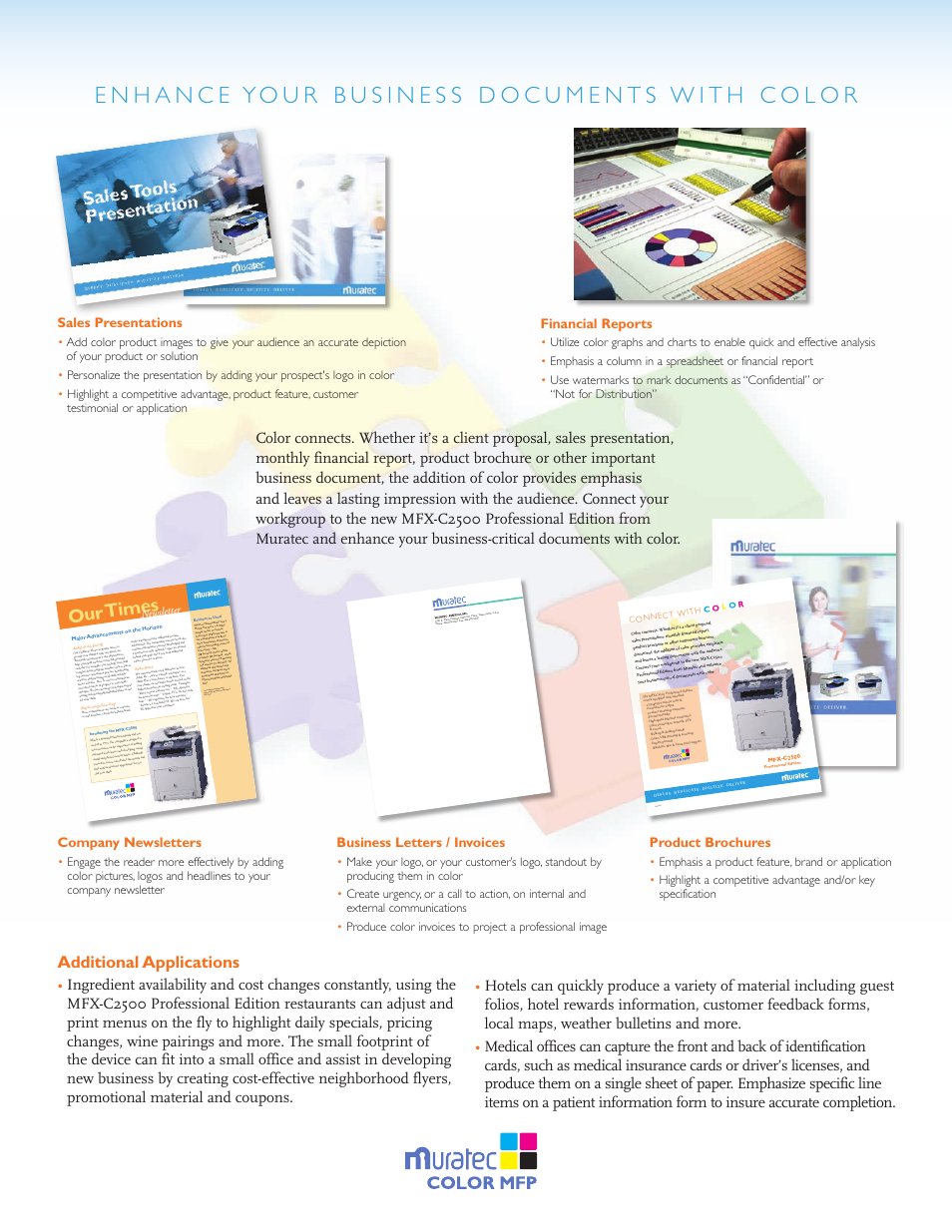 Our time s, Additional applications, Sales presentations | Financial reports, Company newsletters, Business letters / invoices, Product brochures, Mk3189, Newsletter | Muratec MFX-C2500 Professional Edition MK3190 User Manual | Page 2 / 6