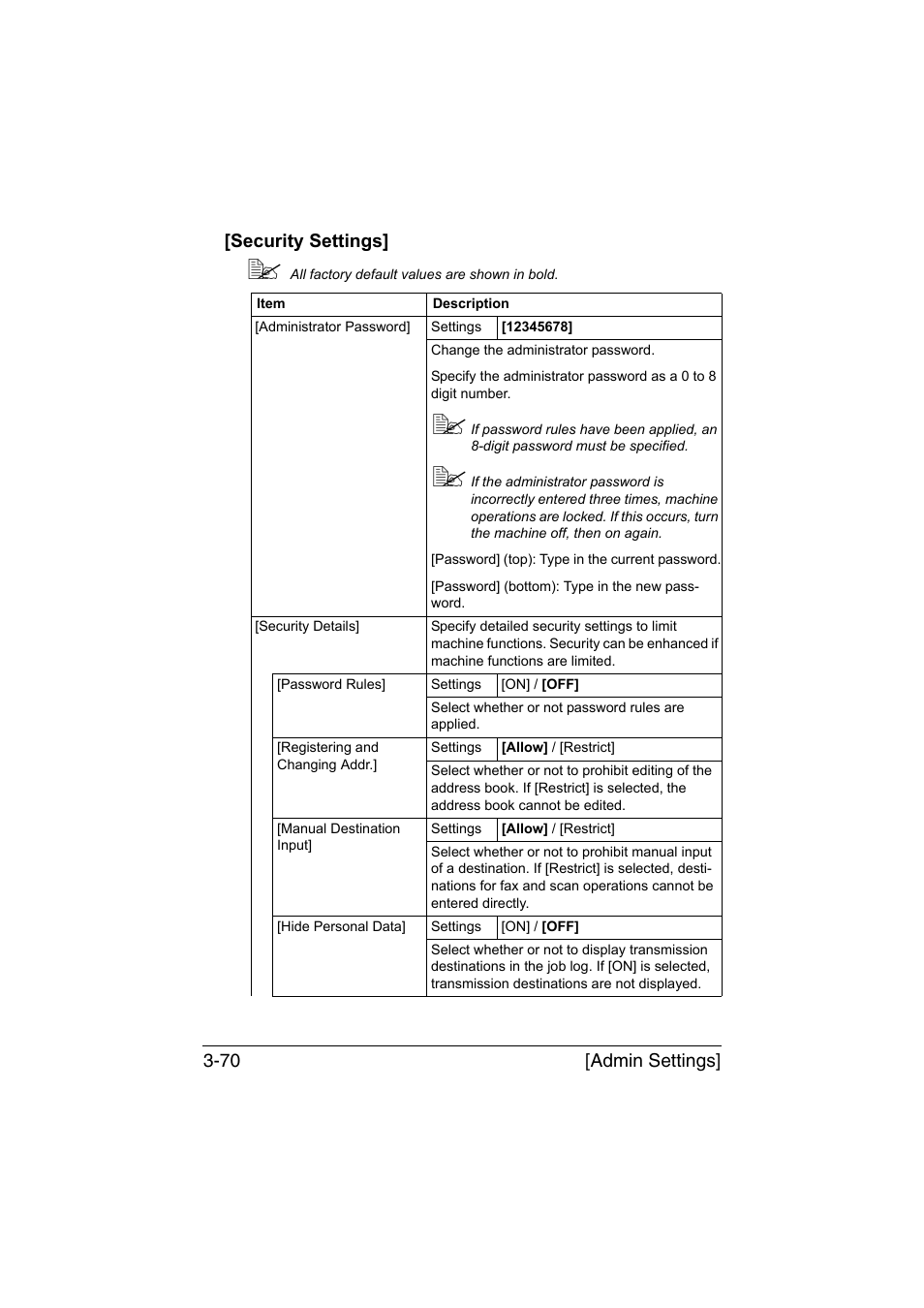 Security settings, Security settings] -70 | Muratec Printer/Copier/Scanner MFX-C3035 User Manual | Page 117 / 392
