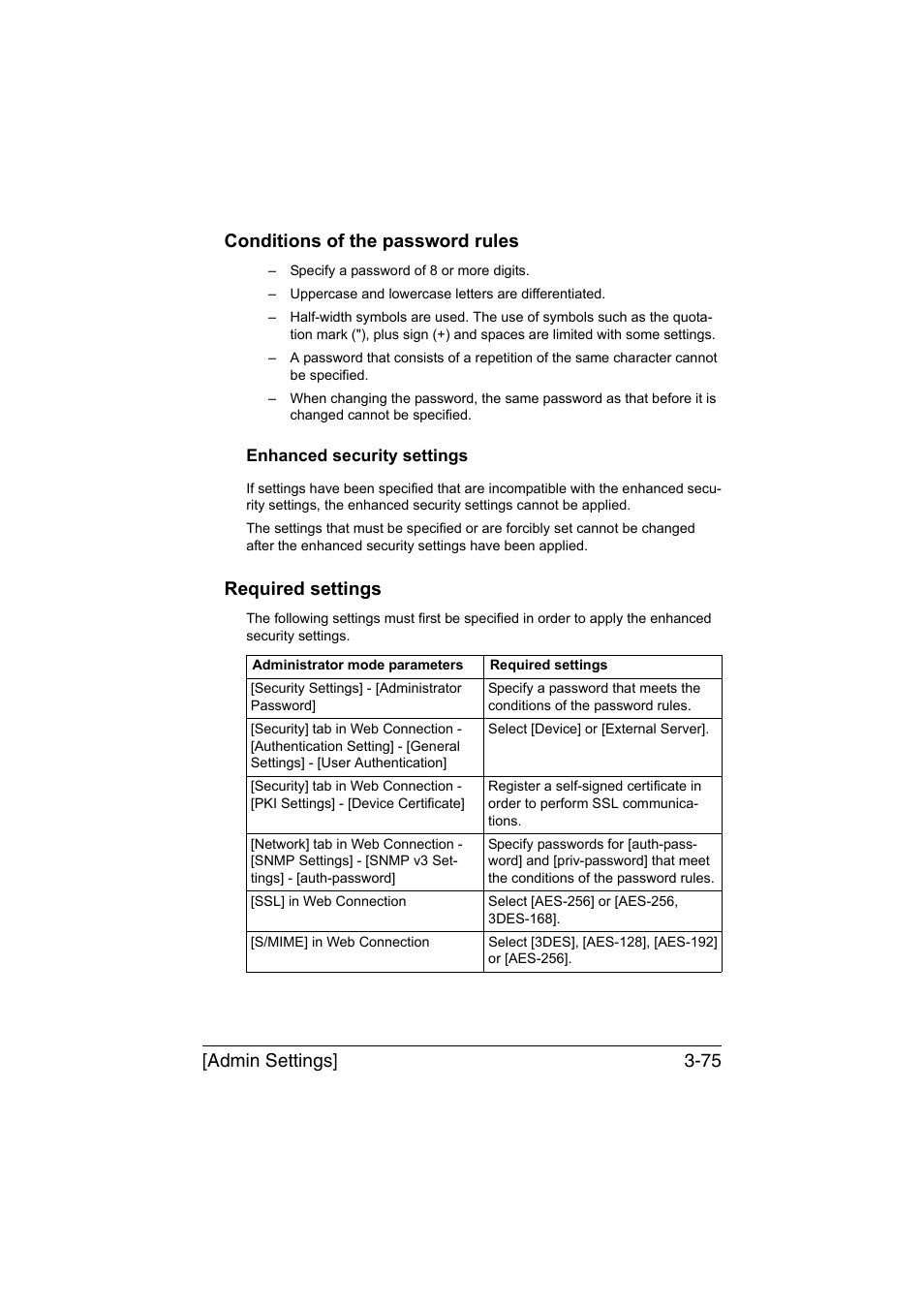 Conditions of the password rules, Enhanced security settings, Required settings | Conditions of the password rules -75, Enhanced security settings -75, Required settings -75 | Muratec Printer/Copier/Scanner MFX-C3035 User Manual | Page 122 / 392