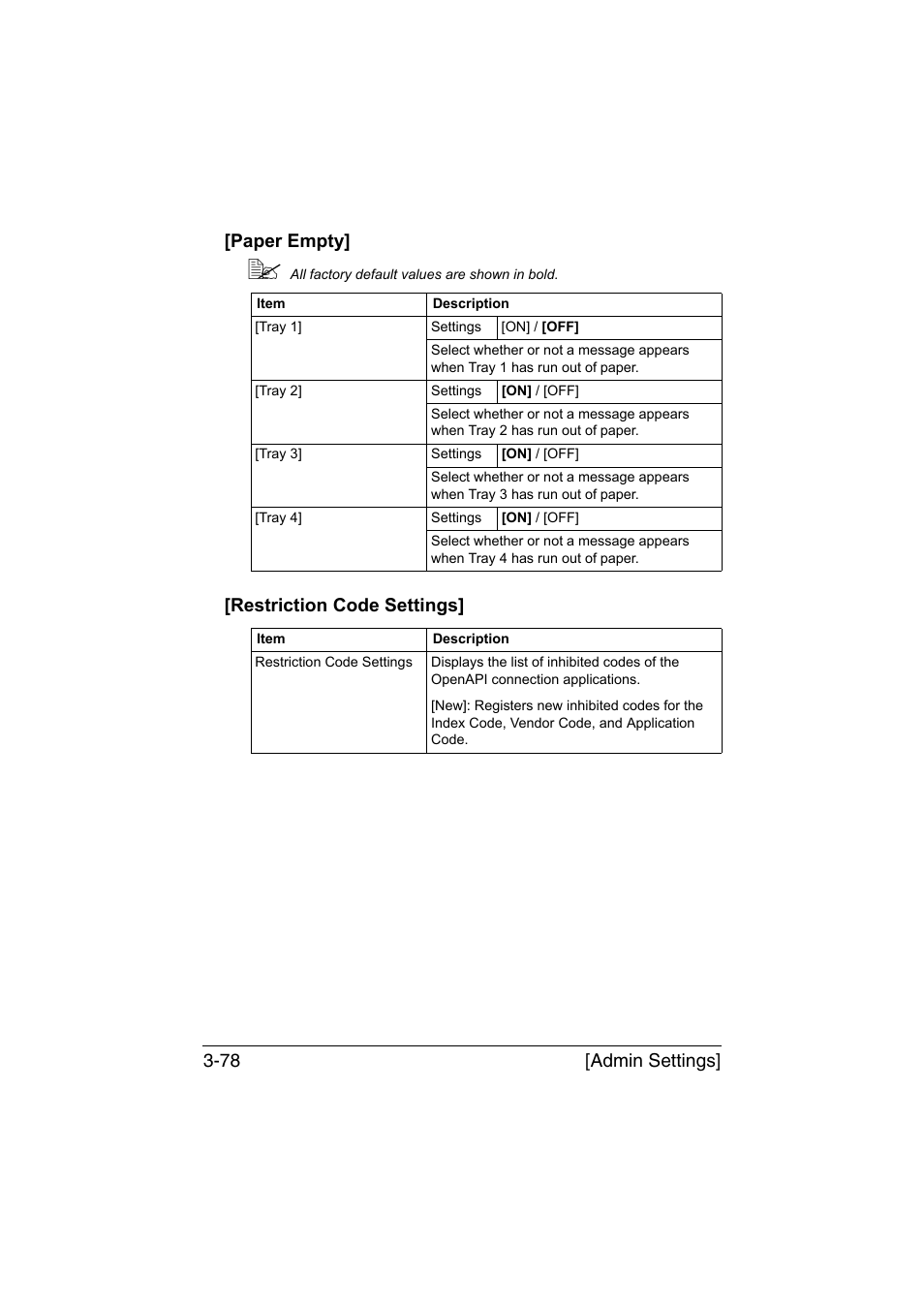 Paper empty, Restriction code settings, Paper empty] -78 [restriction code settings] -78 | Admin settings] 3-78 [paper empty | Muratec Printer/Copier/Scanner MFX-C3035 User Manual | Page 125 / 392