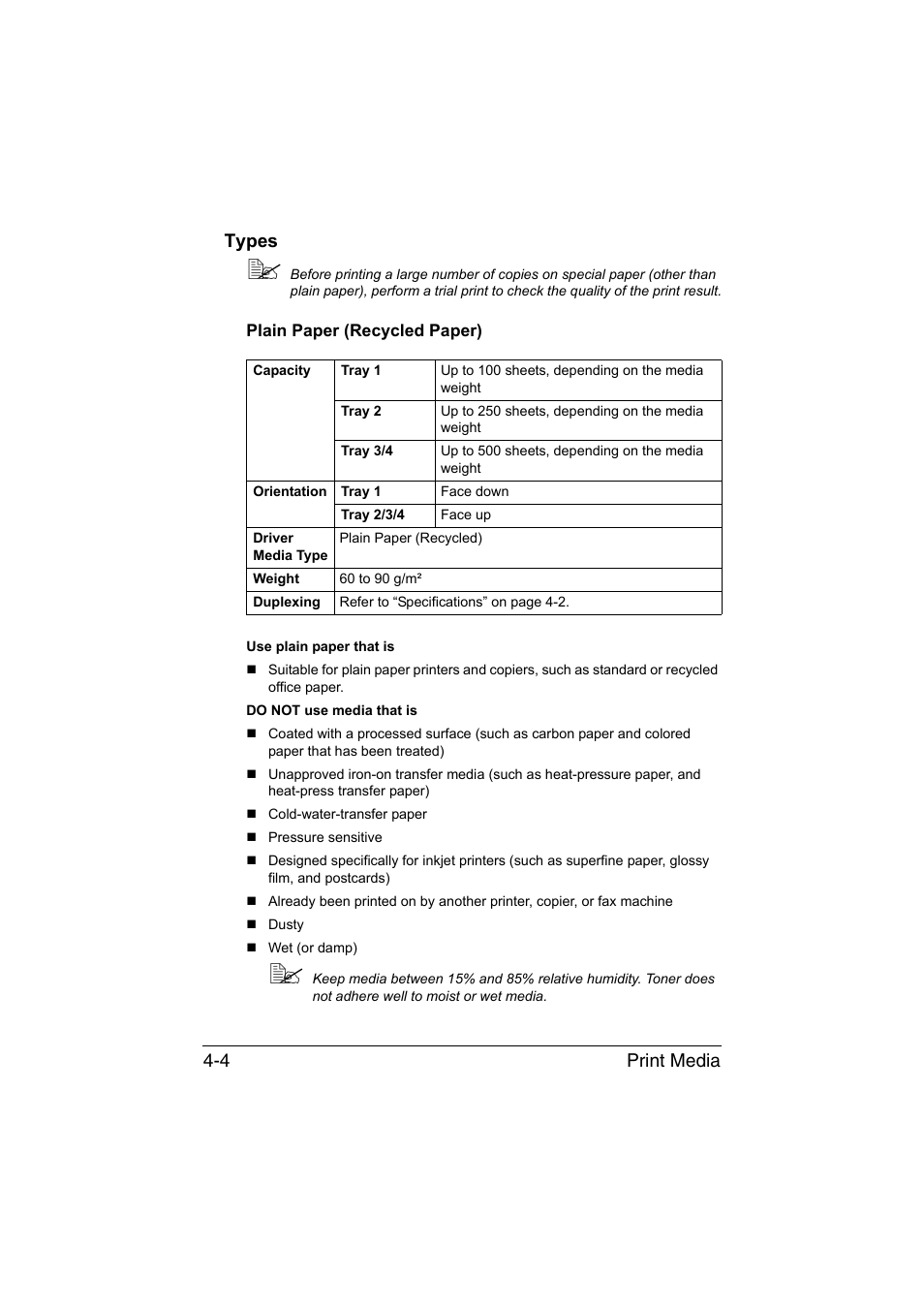 Types, Plain paper (recycled paper), Types -4 | Plain paper (recycled paper) -4, Print media 4-4 types | Muratec Printer/Copier/Scanner MFX-C3035 User Manual | Page 129 / 392