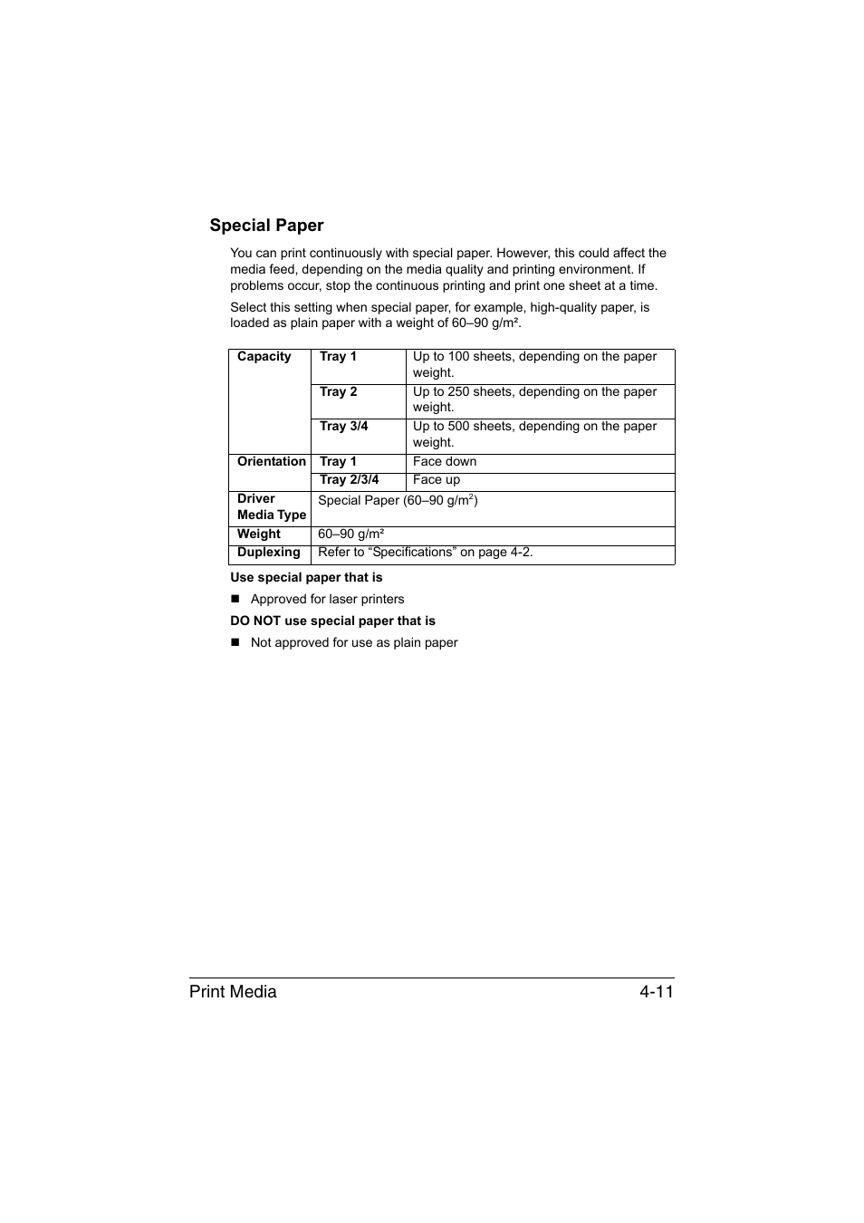 Special paper, Special paper -11, Print media 4-11 special paper | Muratec Printer/Copier/Scanner MFX-C3035 User Manual | Page 136 / 392