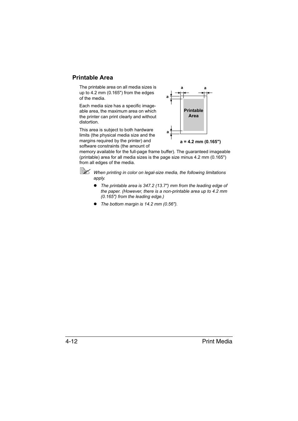 Printable area, Printable area -12, Print media 4-12 printable area | Muratec Printer/Copier/Scanner MFX-C3035 User Manual | Page 137 / 392