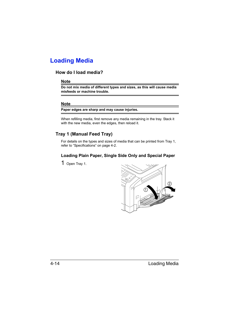 Loading media, How do i load media, Tray 1 (manual feed tray) | Loading media -14 | Muratec Printer/Copier/Scanner MFX-C3035 User Manual | Page 139 / 392