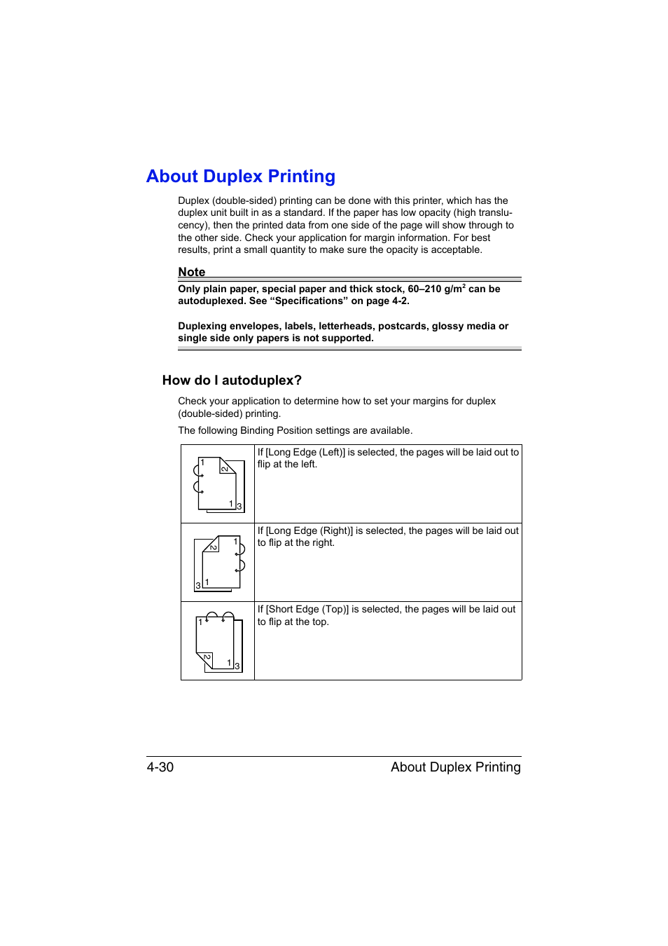 About duplex printing, How do i autoduplex, About duplex printing -30 | How do i autoduplex? -30, About duplex printing 4-30 | Muratec Printer/Copier/Scanner MFX-C3035 User Manual | Page 155 / 392
