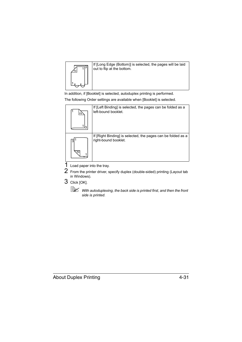About duplex printing 4-31 | Muratec Printer/Copier/Scanner MFX-C3035 User Manual | Page 156 / 392