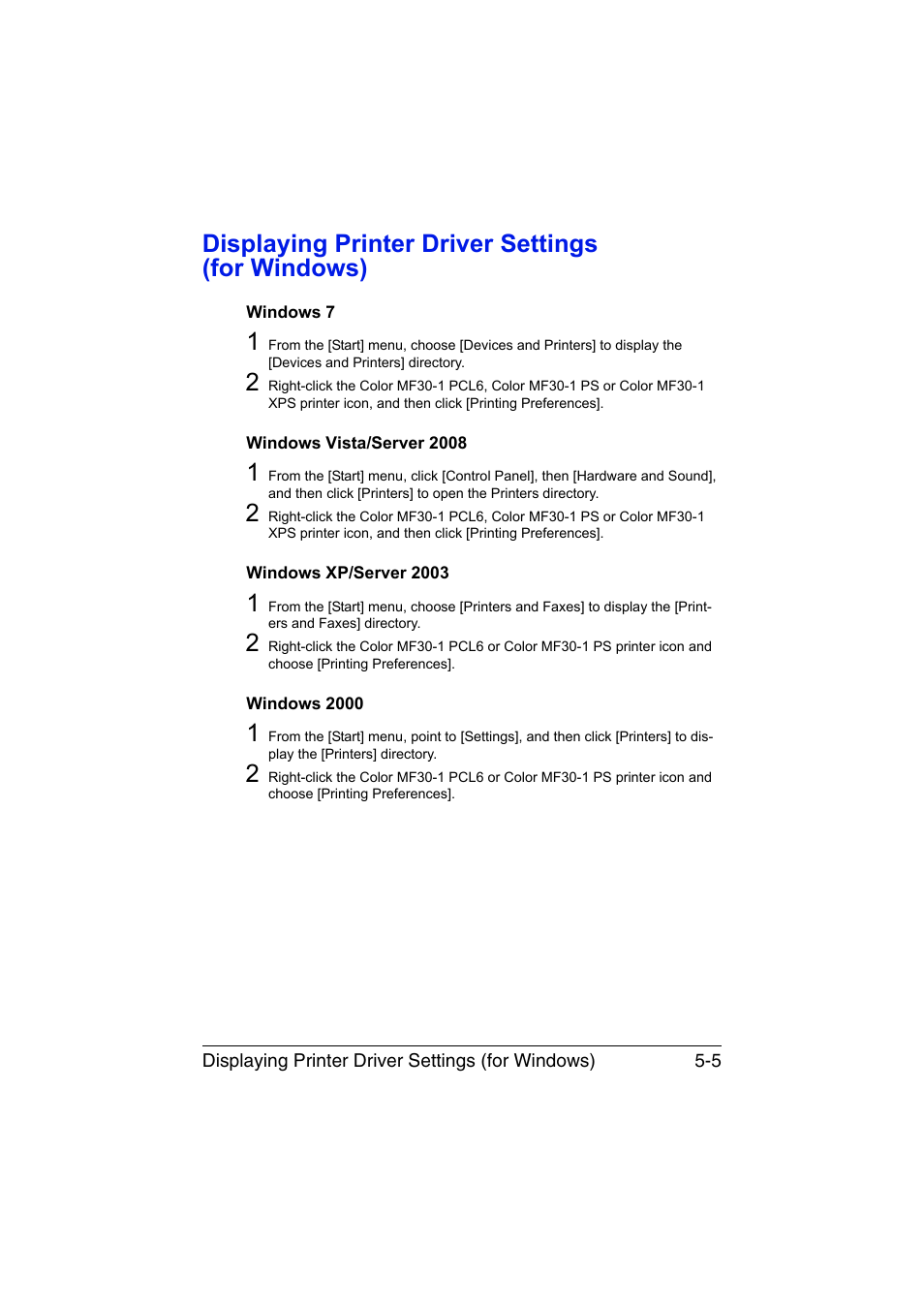 Displaying printer driver settings (for windows), Windows 7, Windows vista/server 2008 | Windows xp/server 2003, Windows 2000 | Muratec Printer/Copier/Scanner MFX-C3035 User Manual | Page 168 / 392