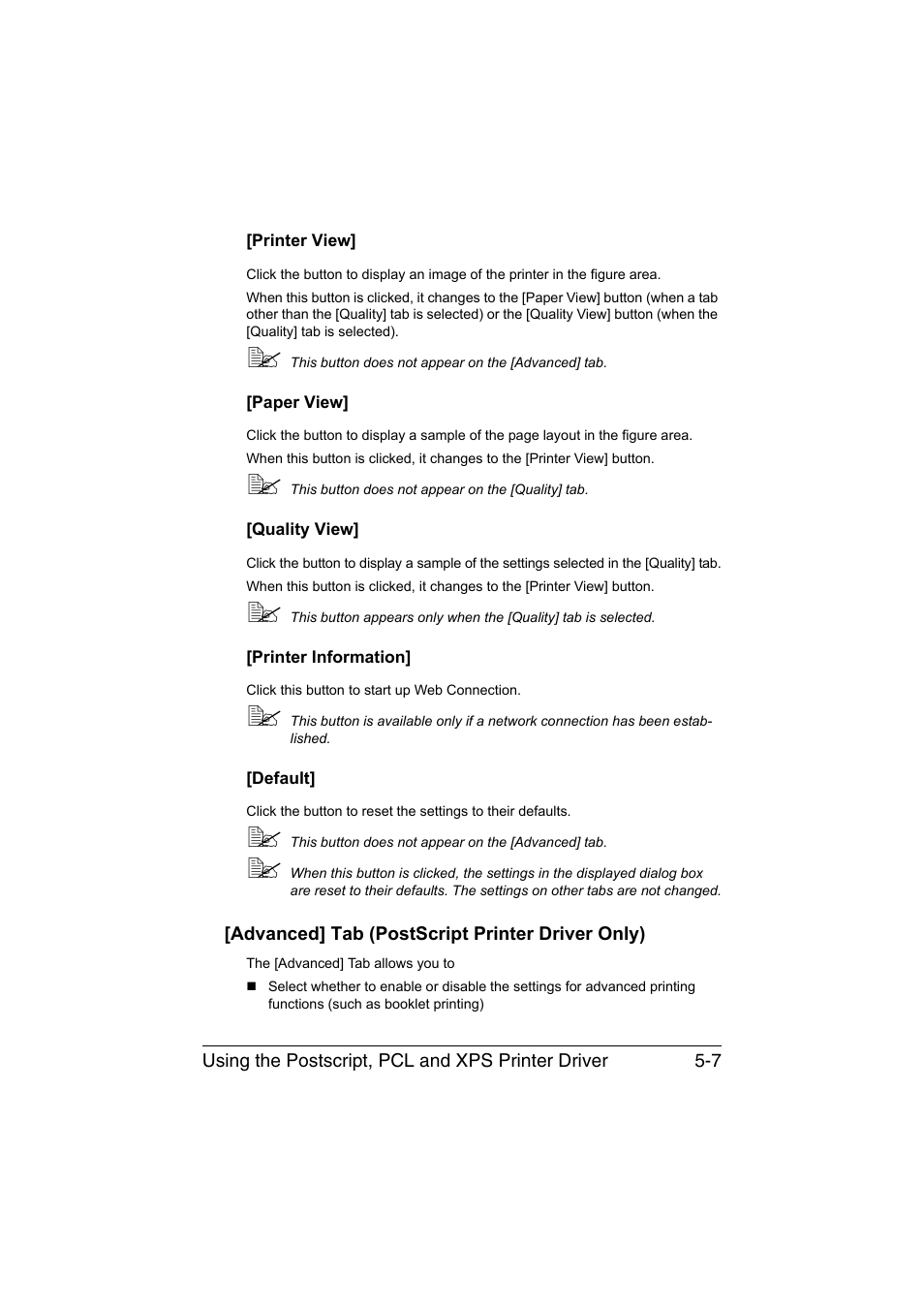 Printer view, Paper view, Quality view | Printer information, Default, Advanced] tab (postscript printer driver only), Advanced] tab (postscript printer driver only) -7 | Muratec Printer/Copier/Scanner MFX-C3035 User Manual | Page 170 / 392