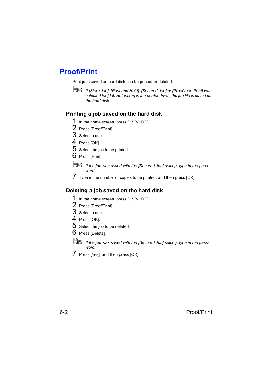 Proof/print, Printing a job saved on the hard disk, Deleting a job saved on the hard disk | Proof/print -2 | Muratec Printer/Copier/Scanner MFX-C3035 User Manual | Page 177 / 392
