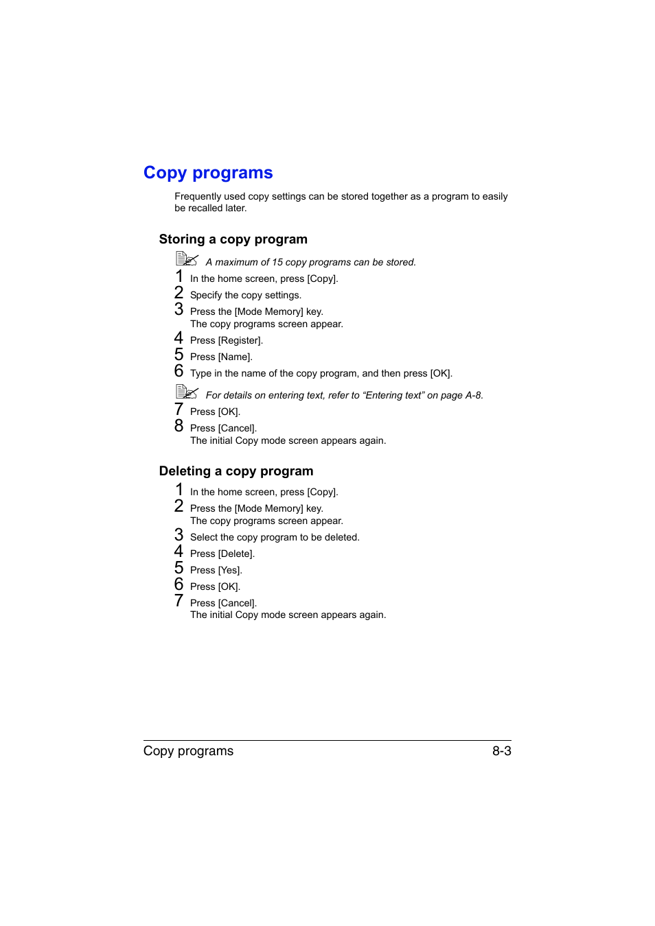 Copy programs, Storing a copy program, Deleting a copy program | Copy programs -3 | Muratec Printer/Copier/Scanner MFX-C3035 User Manual | Page 200 / 392