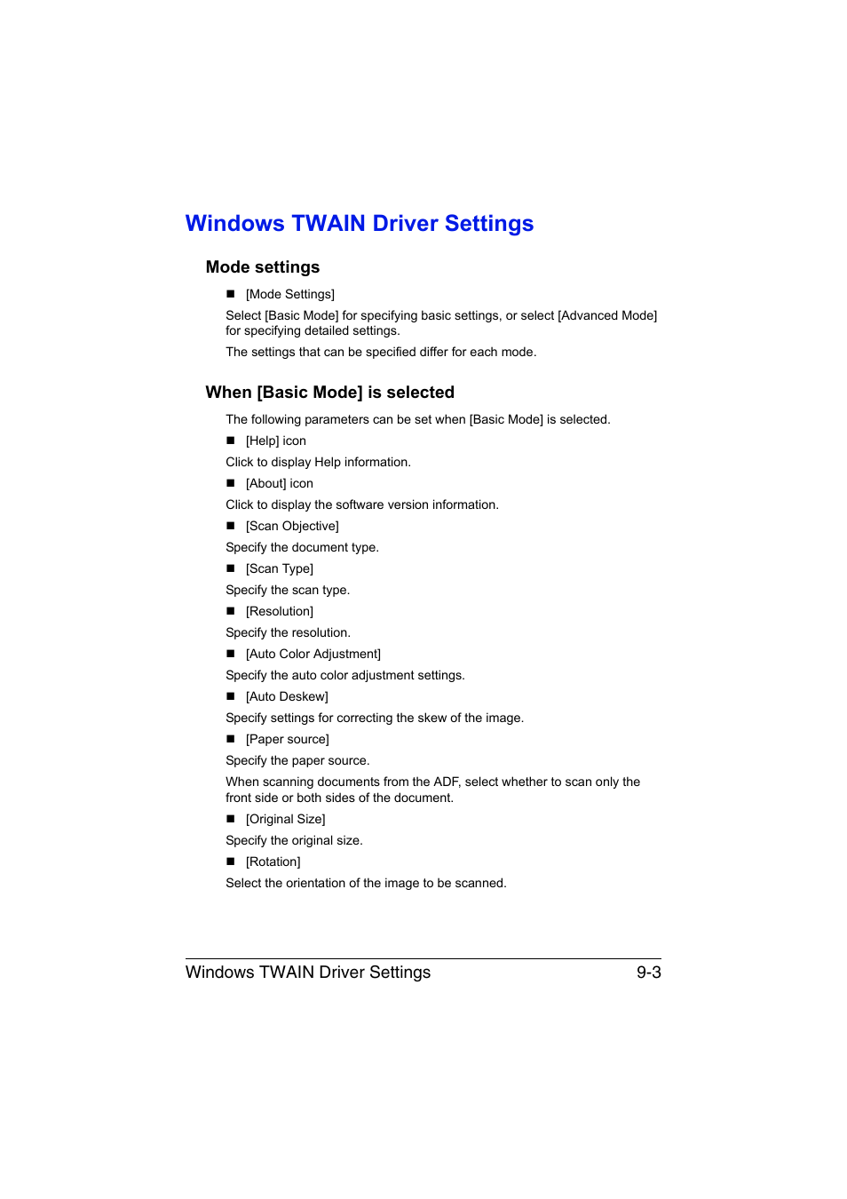 Windows twain driver settings, Mode settings, When [basic mode] is selected | Windows twain driver settings -3, Mode settings -3 when [basic mode] is selected -3, Windows twain driver settings 9-3 | Muratec Printer/Copier/Scanner MFX-C3035 User Manual | Page 204 / 392