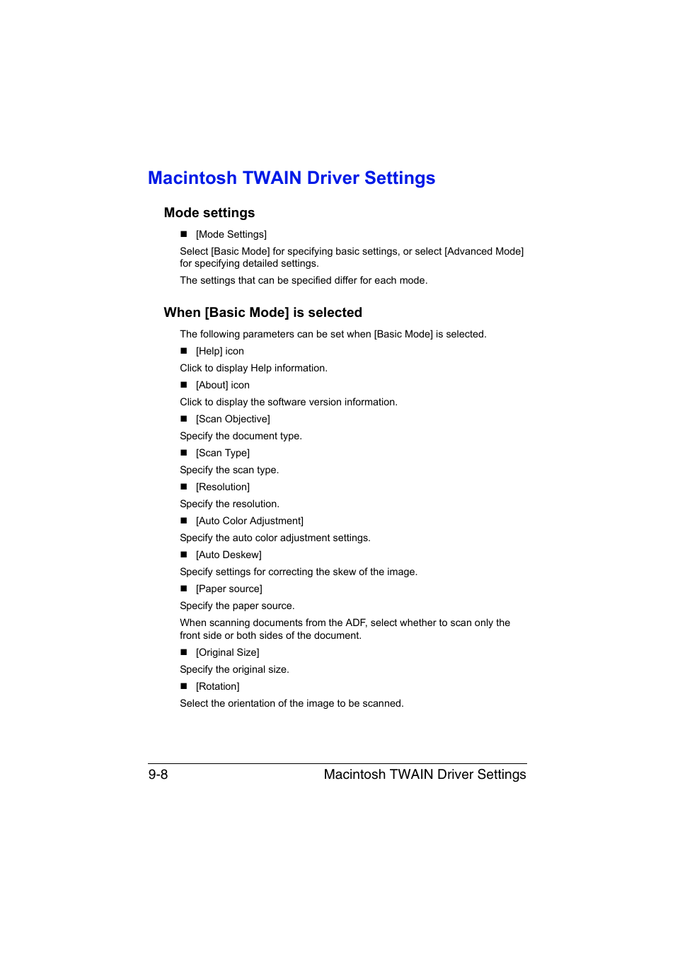 Macintosh twain driver settings, Mode settings, When [basic mode] is selected | Macintosh twain driver settings -8, Mode settings -8 when [basic mode] is selected -8, Macintosh twain driver settings 9-8 | Muratec Printer/Copier/Scanner MFX-C3035 User Manual | Page 209 / 392