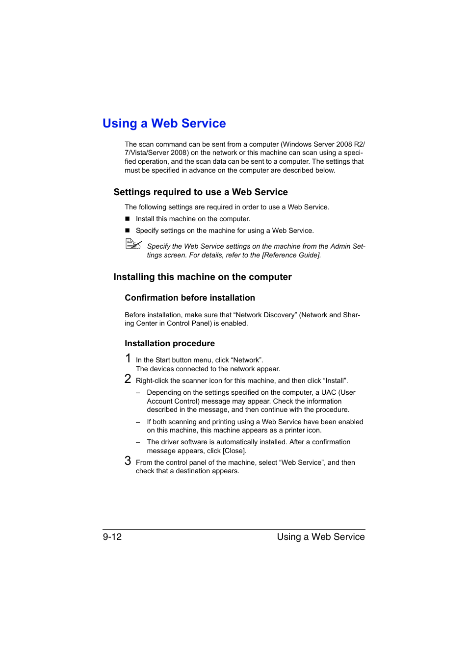 Using a web service, Settings required to use a web service, Installing this machine on the computer | Confirmation before installation, Installation procedure, Using a web service -12 | Muratec Printer/Copier/Scanner MFX-C3035 User Manual | Page 213 / 392