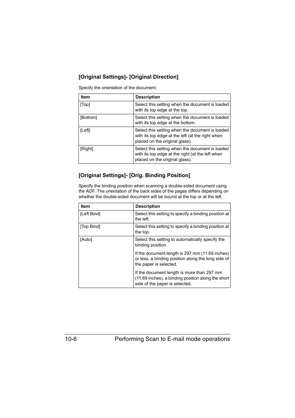 Original settings]- [original direction, Original settings]- [orig. binding position, Performing scan to e-mail mode operations 10-6 | Muratec Printer/Copier/Scanner MFX-C3035 User Manual | Page 221 / 392