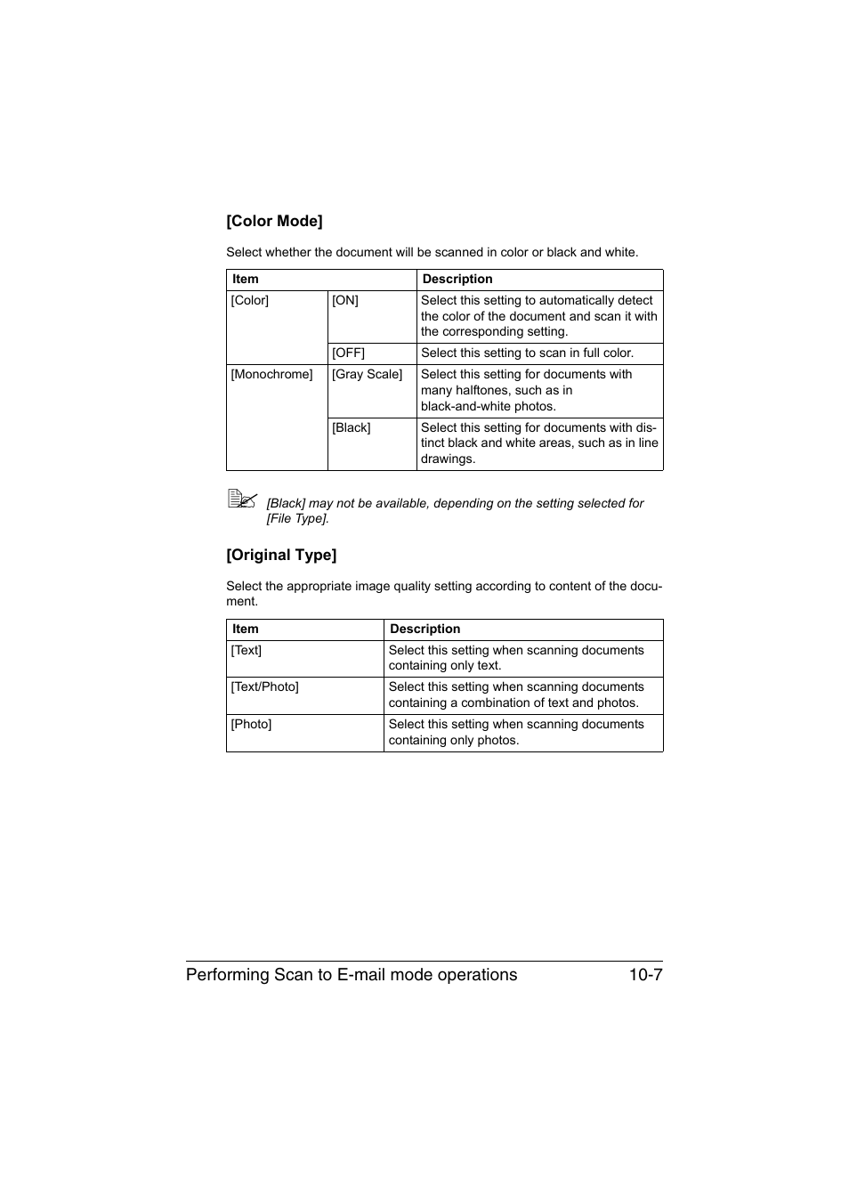 Color mode, Original type, Color mode] -7 [original type] -7 | Performing scan to e-mail mode operations 10-7 | Muratec Printer/Copier/Scanner MFX-C3035 User Manual | Page 222 / 392