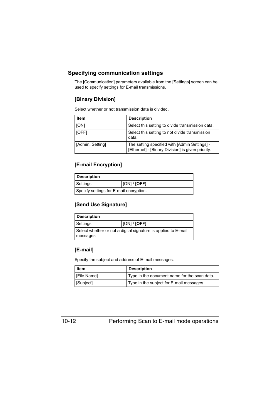Specifying communication settings, Binary division, E-mail encryption | Send use signature, E-mail, Specifying communication settings -12 | Muratec Printer/Copier/Scanner MFX-C3035 User Manual | Page 227 / 392