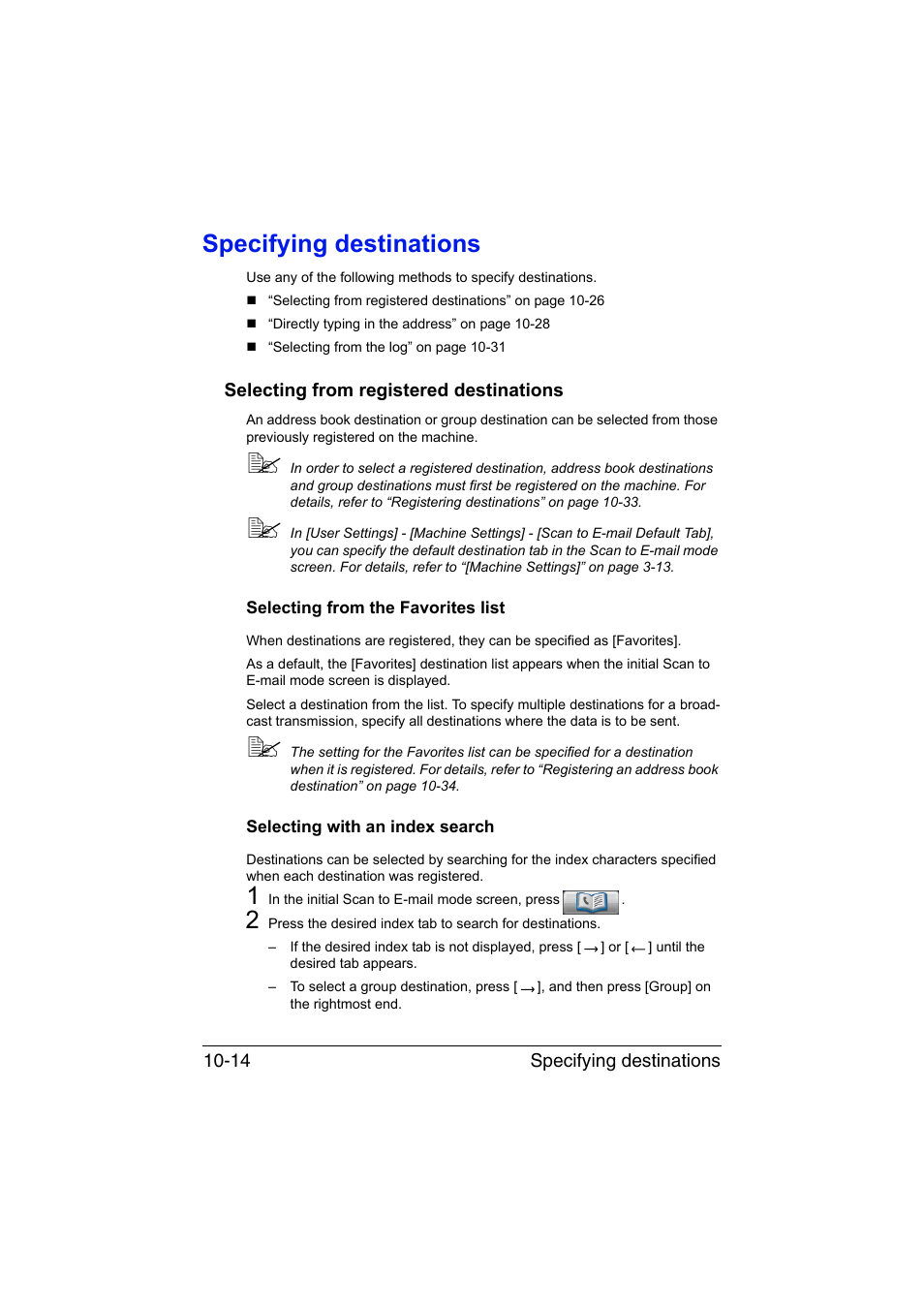 Specifying destinations, Selecting from registered destinations, Selecting from the favorites list | Selecting with an index search, Specifying destinations -14, Selecting from registered destinations -14, To “specifying destina | Muratec Printer/Copier/Scanner MFX-C3035 User Manual | Page 229 / 392