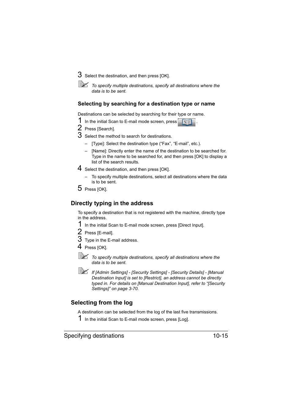 Directly typing in the address, Selecting from the log | Muratec Printer/Copier/Scanner MFX-C3035 User Manual | Page 230 / 392