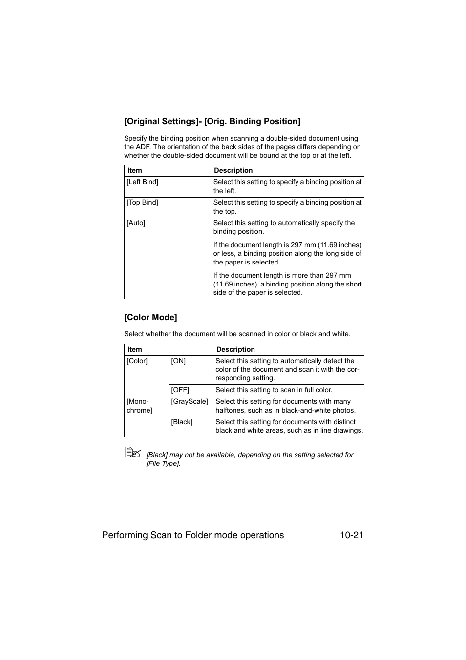 Original settings]- [orig. binding position, Color mode, Performing scan to folder mode operations 10-21 | Muratec Printer/Copier/Scanner MFX-C3035 User Manual | Page 236 / 392