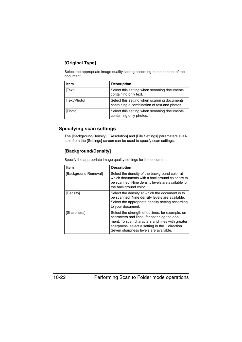 Original type, Specifying scan settings, Background/density | Original type] -22, Specifying scan settings -22, Background/density] -22, Performing scan to folder mode operations 10-22 | Muratec Printer/Copier/Scanner MFX-C3035 User Manual | Page 237 / 392