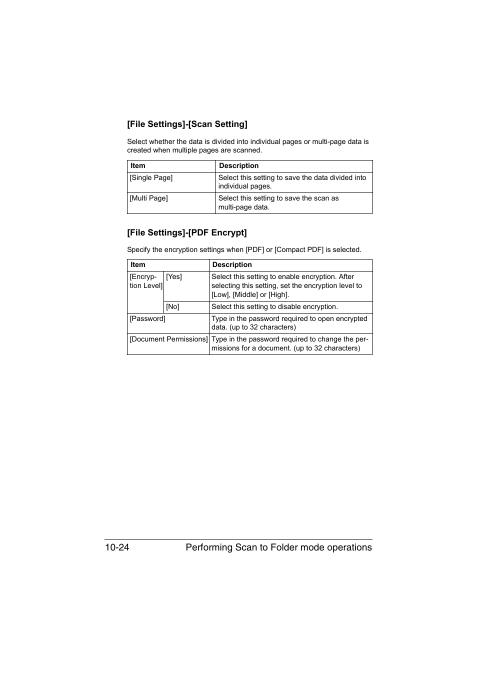 File settings]-[scan setting, File settings]-[pdf encrypt, Performing scan to folder mode operations 10-24 | Muratec Printer/Copier/Scanner MFX-C3035 User Manual | Page 239 / 392