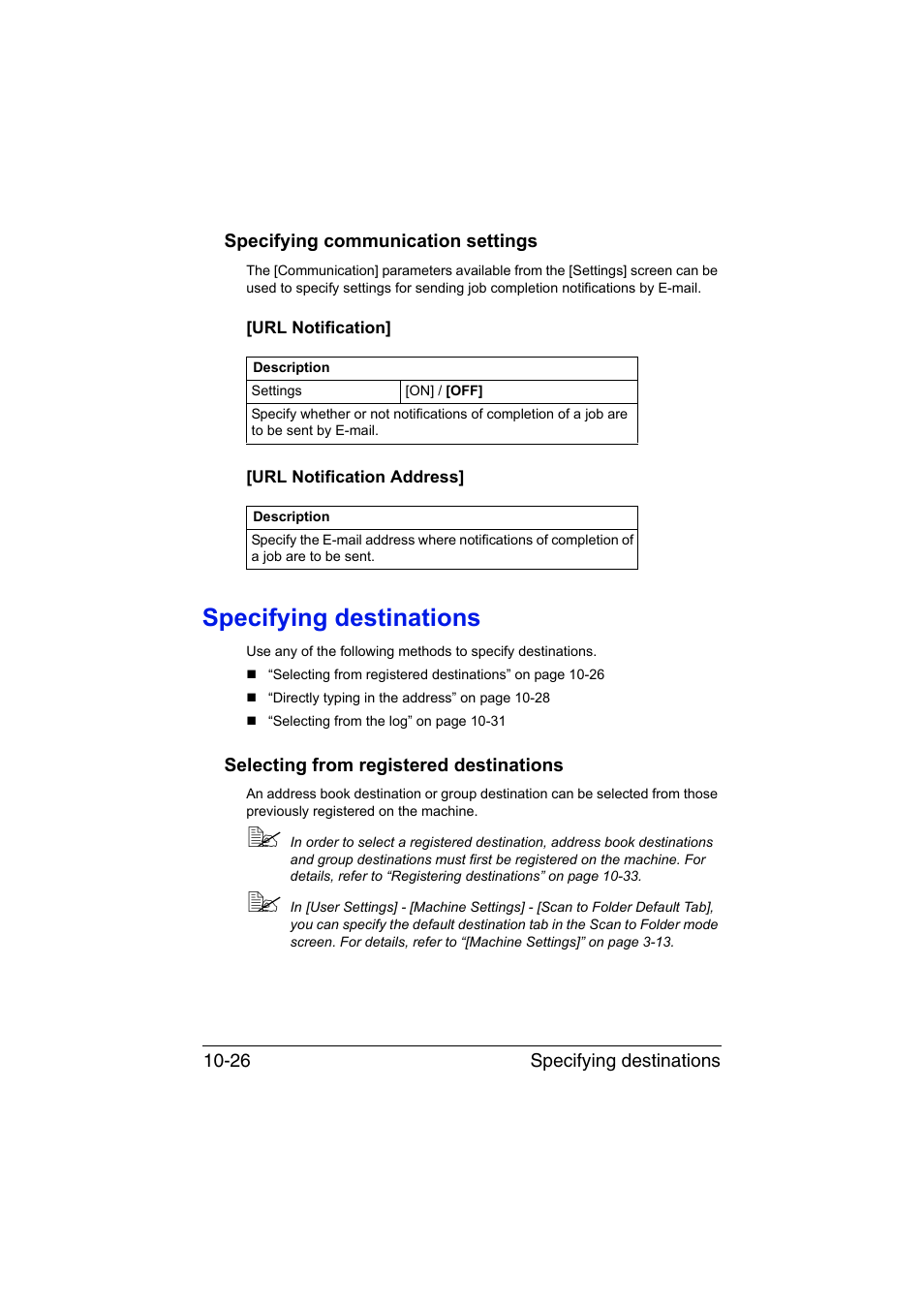 Specifying communication settings, Url notification, Url notification address | Specifying destinations, Selecting from registered destinations, Specifying communication settings -26, Specifying destinations -26, Selecting from registered destinations -26, To “specifying destina | Muratec Printer/Copier/Scanner MFX-C3035 User Manual | Page 241 / 392