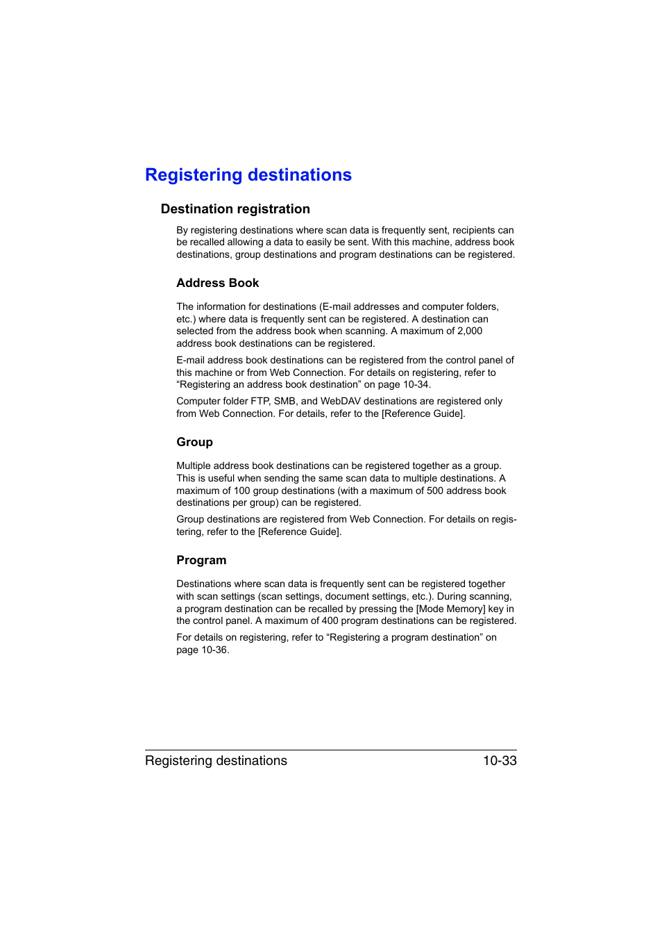 Registering destinations, Destination registration, Address book | Group, Program, Registering destinations -33, Destination registration -33, Address book -33 group -33 program -33 | Muratec Printer/Copier/Scanner MFX-C3035 User Manual | Page 248 / 392