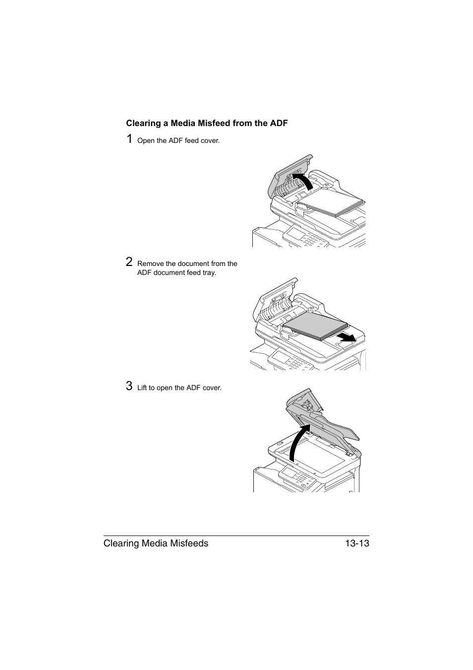 Clearing a media misfeed from the adf, Clearing a media misfeed from the adf -13 | Muratec Printer/Copier/Scanner MFX-C3035 User Manual | Page 316 / 392