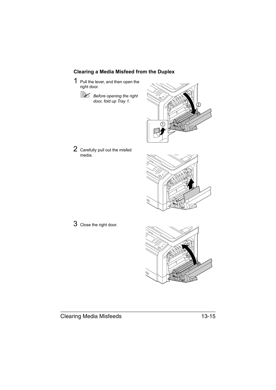 Clearing a media misfeed from the duplex, Clearing a media misfeed from the duplex -15 | Muratec Printer/Copier/Scanner MFX-C3035 User Manual | Page 318 / 392
