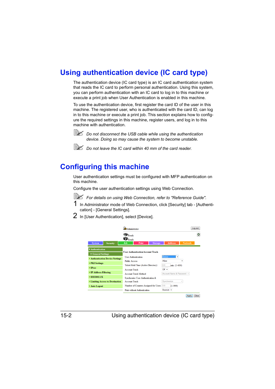 Using authentication device (ic card type), Configuring this machine | Muratec Printer/Copier/Scanner MFX-C3035 User Manual | Page 361 / 392
