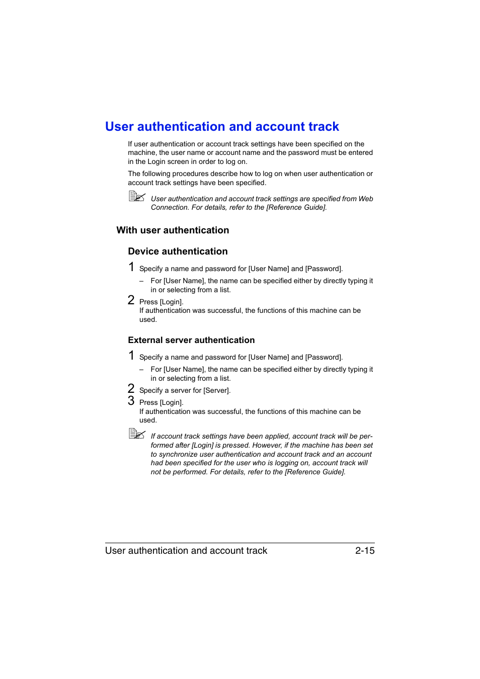 User authentication and account track, With user authentication, Device authentication | External server authentication, User authentication and account track -15, With user authentication -15 | Muratec Printer/Copier/Scanner MFX-C3035 User Manual | Page 46 / 392