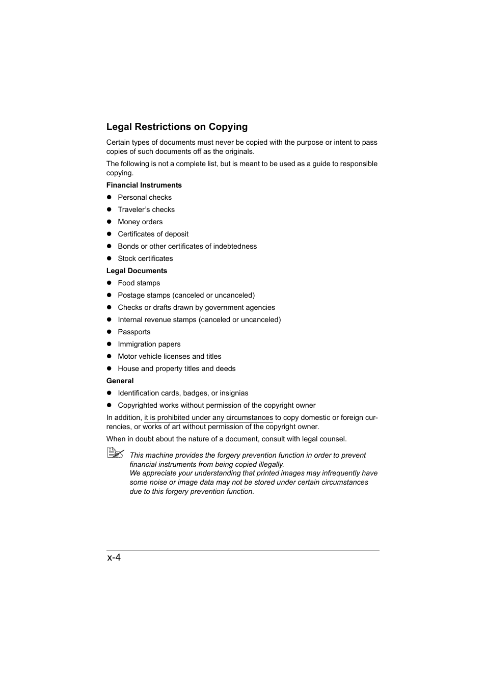 Legal restrictions on copying, X-4 legal restrictions on copying | Muratec Printer/Copier/Scanner MFX-C3035 User Manual | Page 5 / 392
