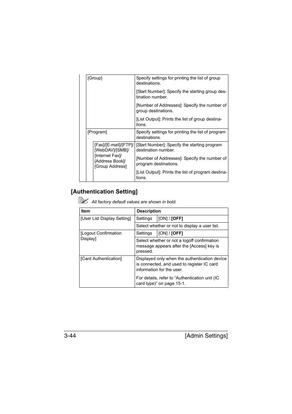 Authentication setting, Authentication setting] -44, Admin settings] 3-44 [authentication setting | Muratec Printer/Copier/Scanner MFX-C3035 User Manual | Page 91 / 392