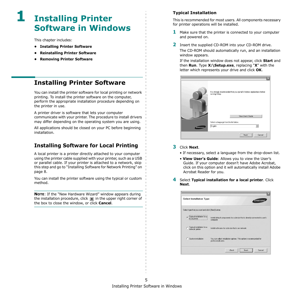 Installing printer software in windows, Installing printer software, Installing software for local printing | Chapter 1 | Muratec MFX-3050 User Manual | Page 101 / 142
