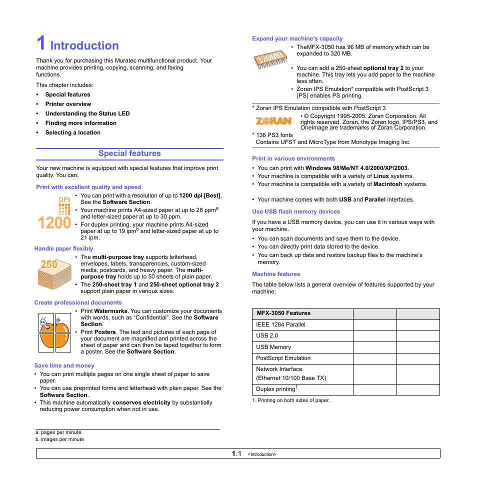 Introduction, Special features | Muratec MFX-3050 User Manual | Page 11 / 142