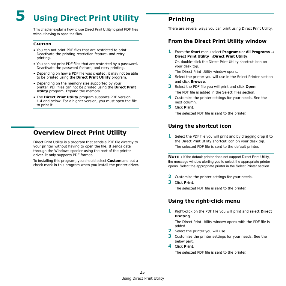 Using direct print utility, Overview direct print utility, Printing | From the direct print utility window, Using the shortcut icon, Using the right-click menu, Chapter 5, Overview direct print utility printing | Muratec MFX-3050 User Manual | Page 121 / 142