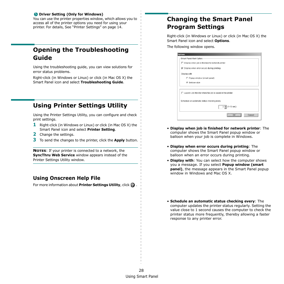 Opening the troubleshooting guide, Using printer settings utility, Using onscreen help file | Changing the smart panel program settings | Muratec MFX-3050 User Manual | Page 124 / 142