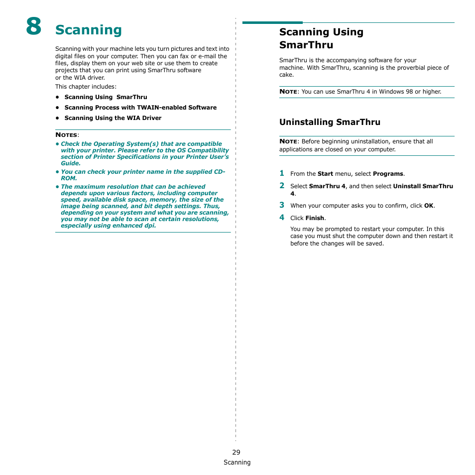 Scanning, Scanning using samsung smarthru, Uninstalling samsung smarthru | Chapter 8, Scanning using smarthru, Uninstalling smarthru | Muratec MFX-3050 User Manual | Page 125 / 142