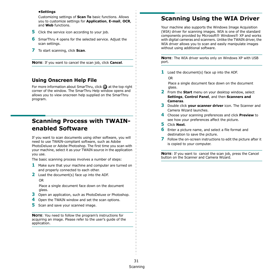 Using onscreen help file, Scanning process with twain- enabled software, Scanning using the wia driver | Muratec MFX-3050 User Manual | Page 127 / 142