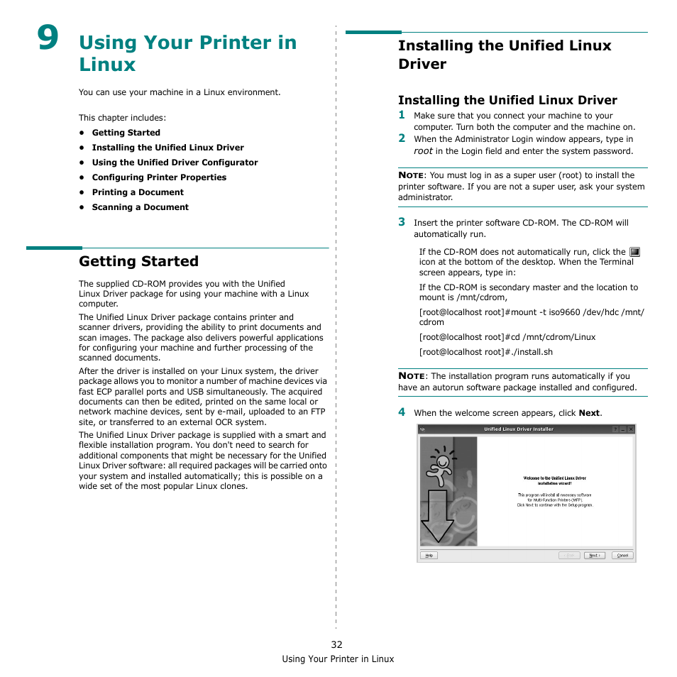 Using your printer in linux, Getting started, Installing the unified linux driver | Chapter 9 | Muratec MFX-3050 User Manual | Page 128 / 142