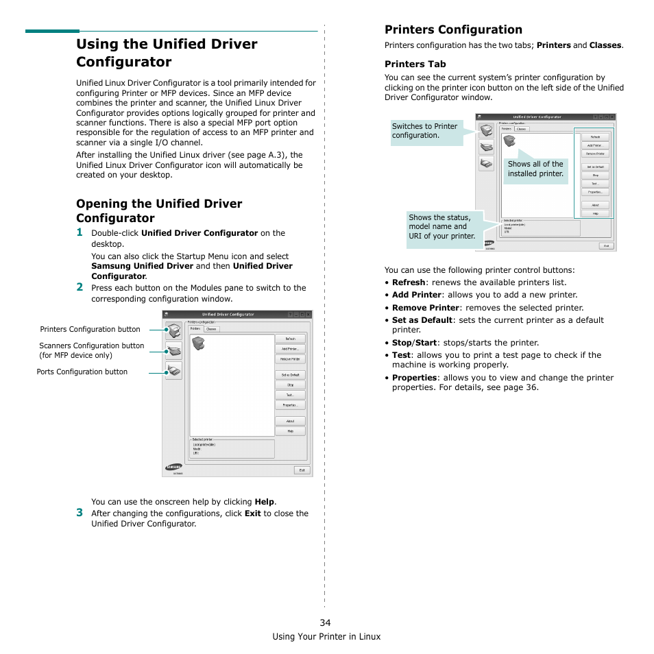 Using the unified driver configurator, Opening the unified driver configurator, Printers configuration | Muratec MFX-3050 User Manual | Page 130 / 142